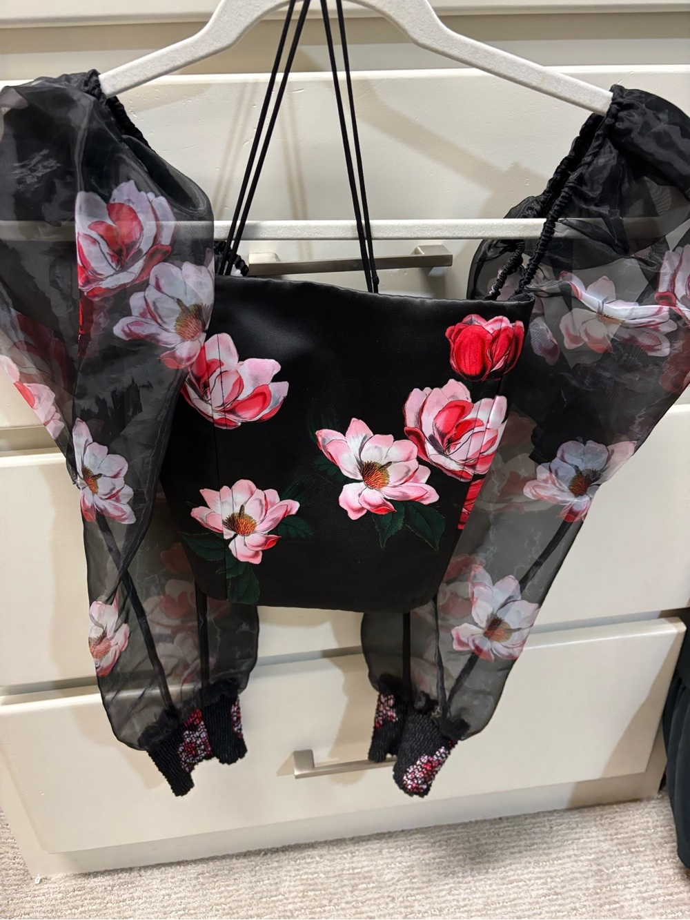 Black Floral Alice + Olivia Organza Sleeve Cropped Blouse
